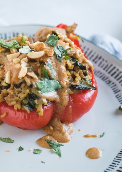 close up picture of thai stuffed pepper with peanut sauce