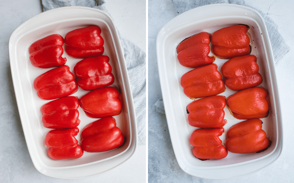 white baking dish with halved red peppers laid out before and after baking