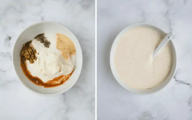 side beside pictures of a white sauce before and after being mixed together