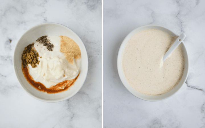 side beside pictures of a fish taco sauce before and after being mixed together