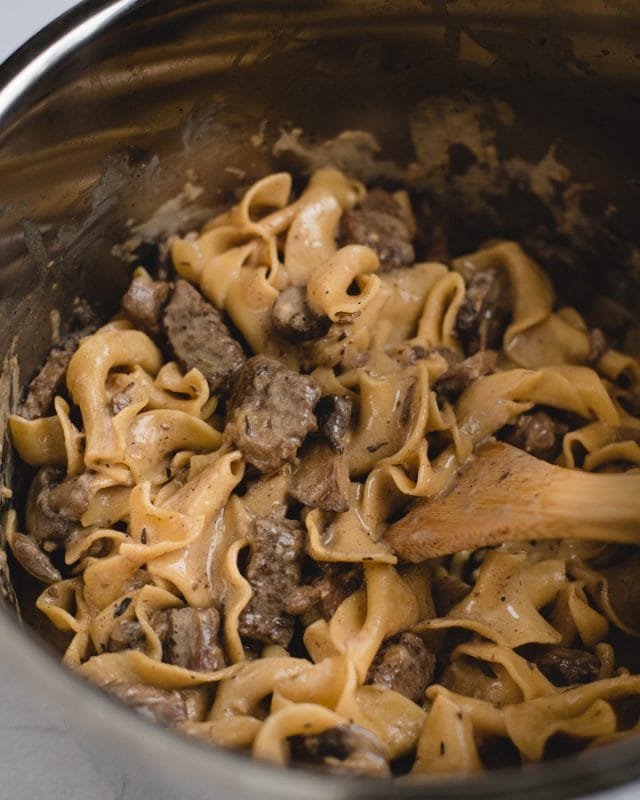 instant pot beef stroganoff close up picture inside the pot
