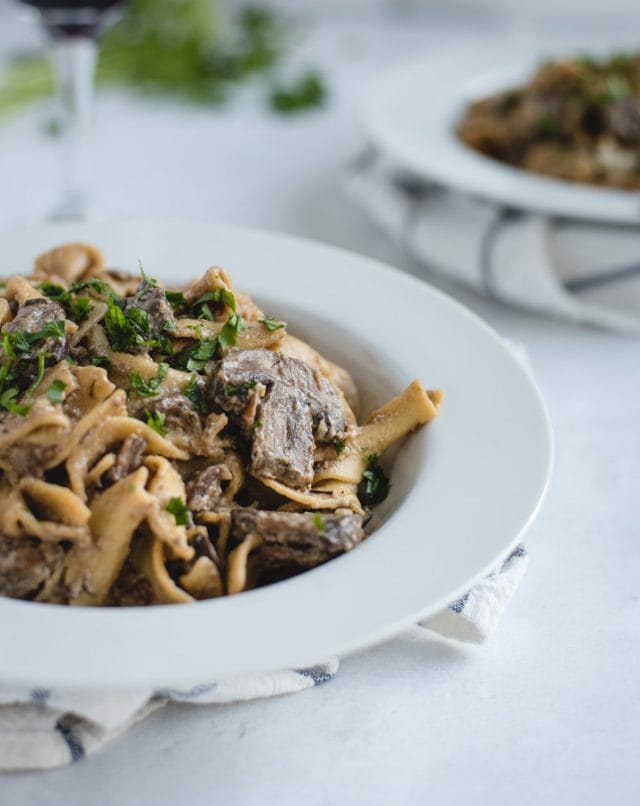 close up picture of bowl of mushroom beef stroganoff