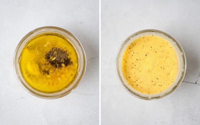 side by side pic of lemon vinaigrette before and after mixing