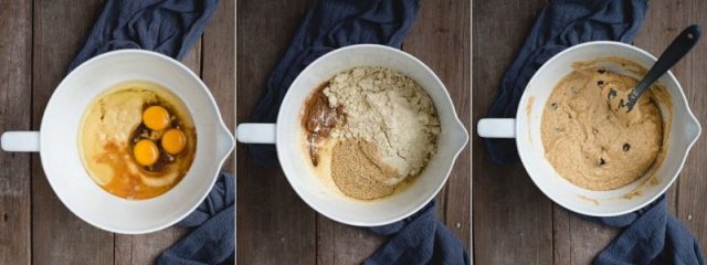 three pictures of stages of making almond flour banana bread with wet ingredients, dry, and batter in a white mixing bowl