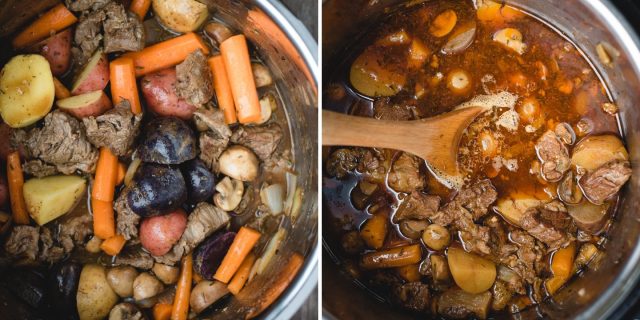 side beside pics of before and after pressure cooking irish stew in an instant pot