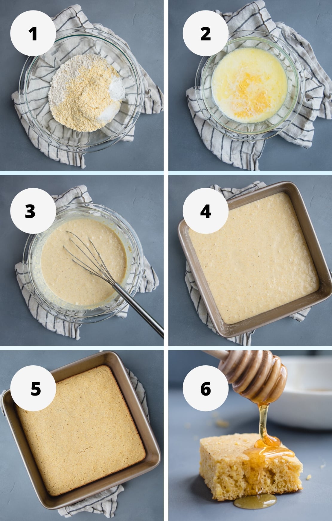 step by step numbered process photo collage shows how to make whole wheat cornbread.