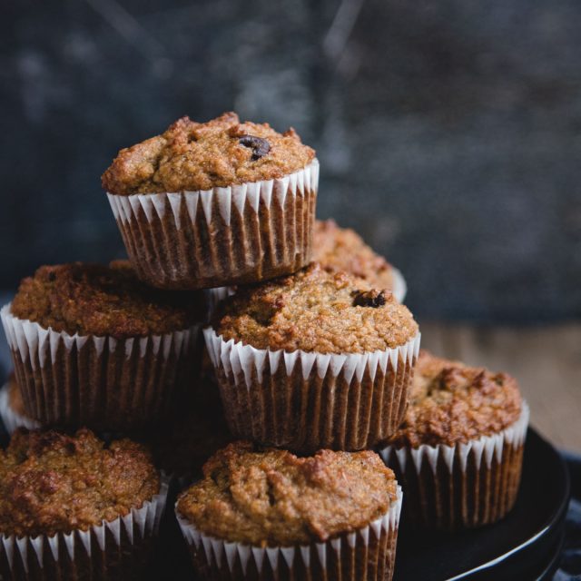 Close up picture of tower of stacked banana muffins