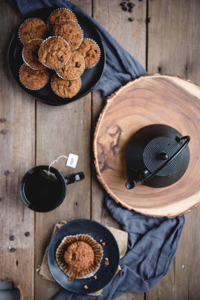 overhead picture of plate of muffins next to teapot, cup and plate