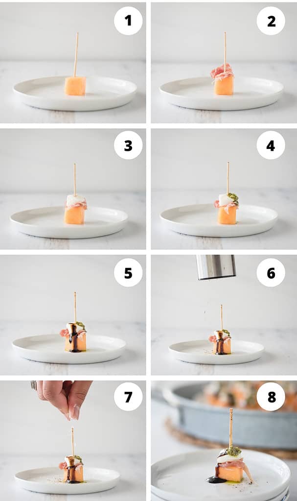 step by step numbered process pictures for showing how to make prosciutto cantaloupe skewers