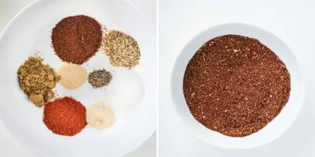 before and after picture of chicken taco seasoning ingredients dumped separately in a bowl and after they get stirred together