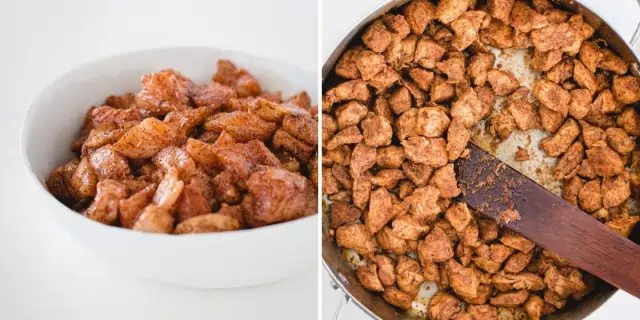 before and after picture of seasoned chicken in a bowl and cooked chicken in a skillet