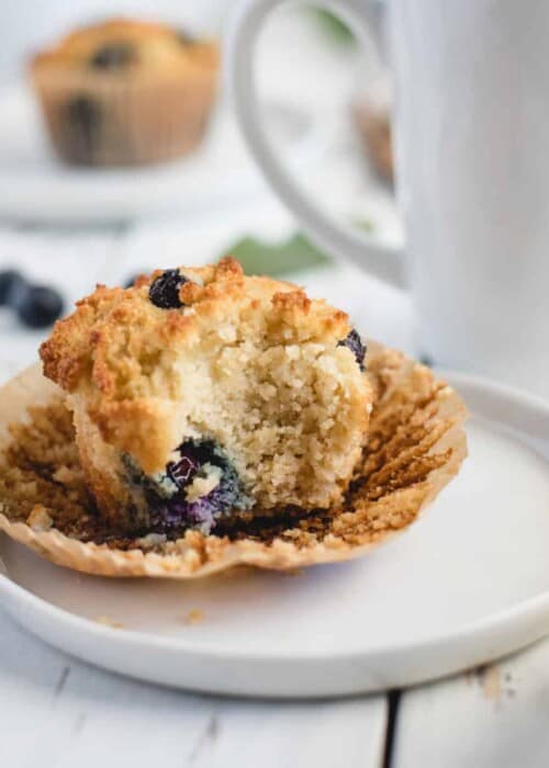 up close picture of gluten free blueberry muffin on a white plate
