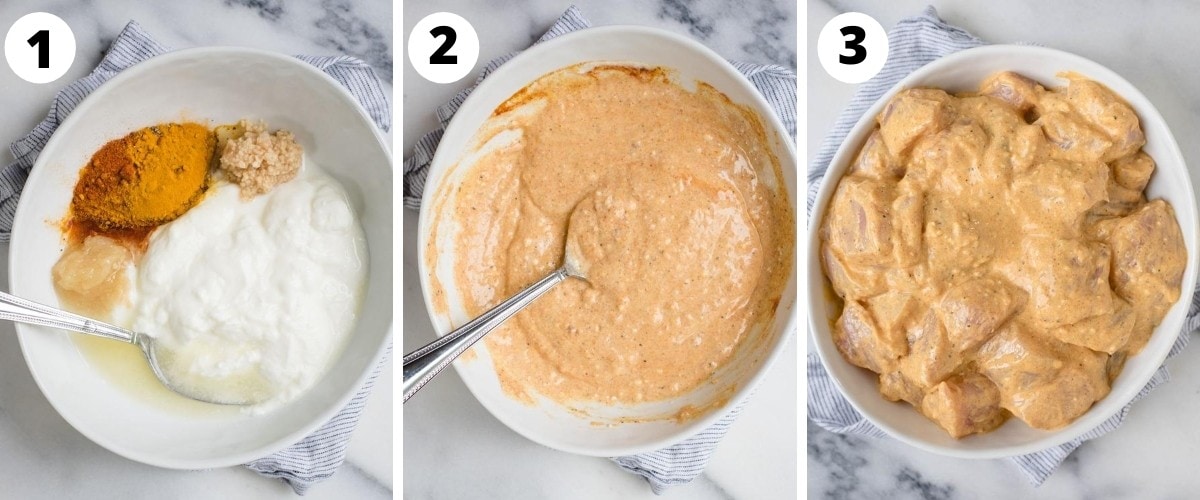 3 side by side process pictures of marinade being prepared then mixed, then chicken chunks being stirred into the marinade