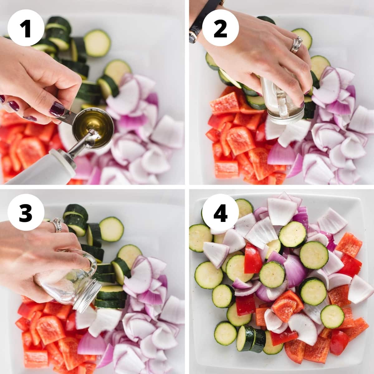 four numbered process shot pictures in a grid showing vegetables being oiled, salted, peppered and tossed