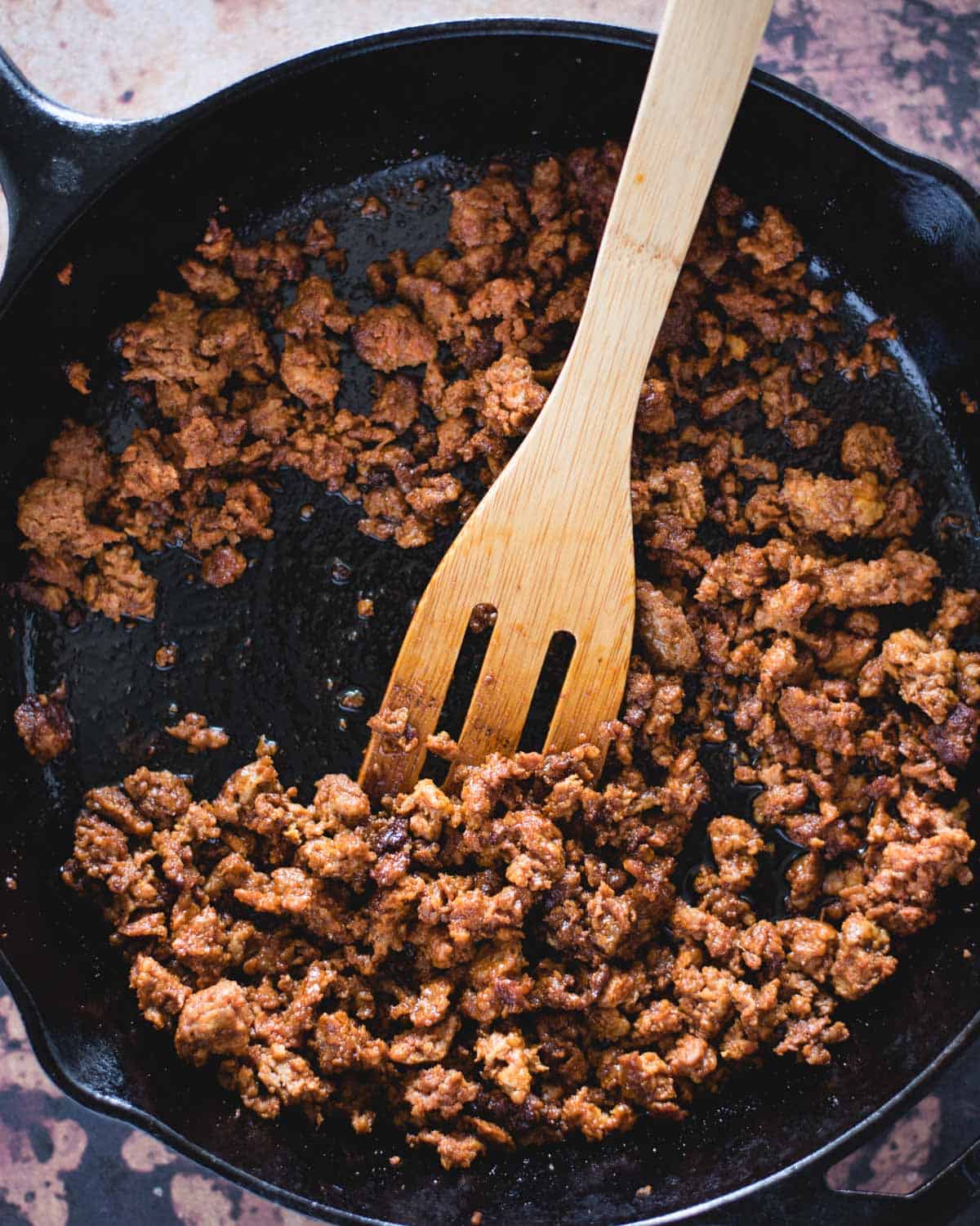 cooked chorizo in a cast iron skillet