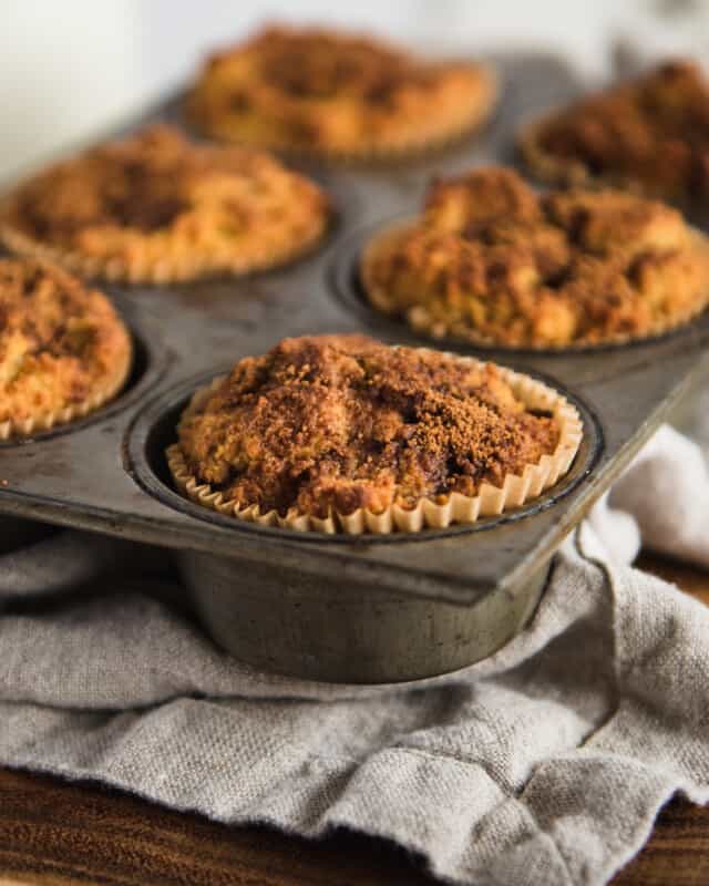 Close up picture of tin with coffee cake muffins in it 
