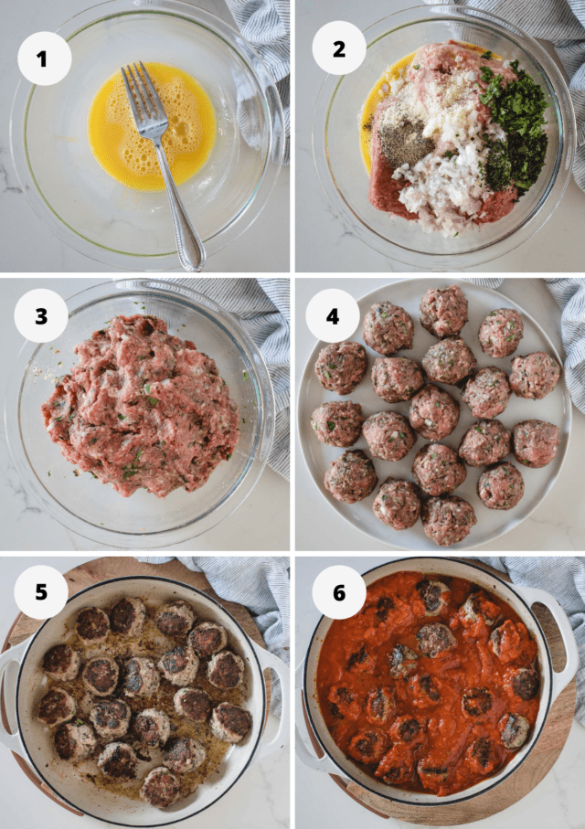 step by step numbered process pictures showing how to make bison meatballs, 6 steps total