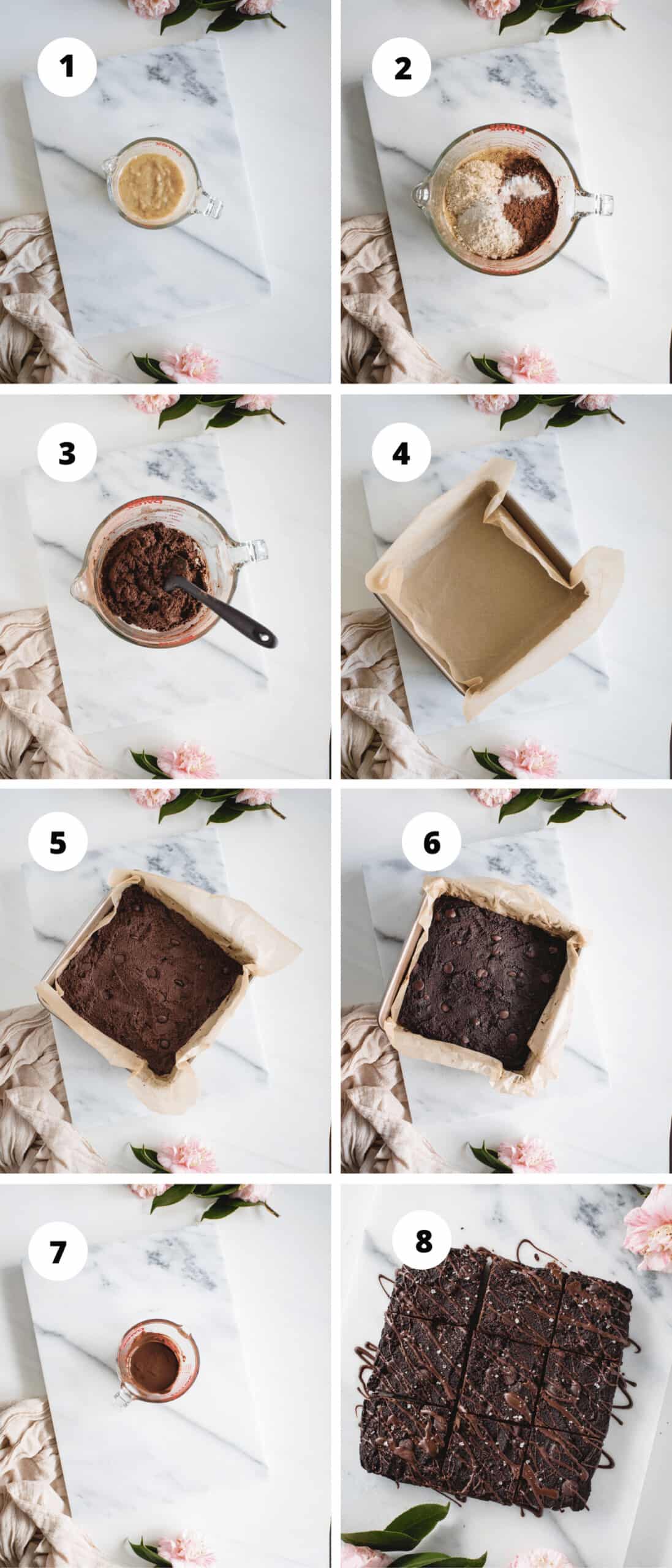 Numbered process pictures showing 8 steps needed to make healthy banana brownies