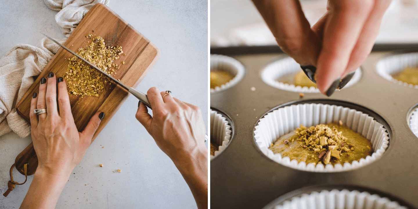 two images side by side, first of hand chopping pistachios and second of them being sprinkled on top of muffins