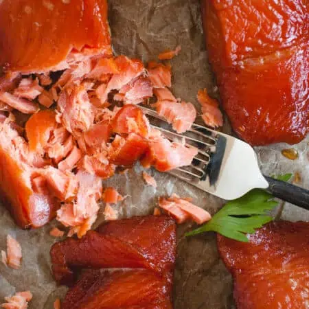 close up overhead of smoked salmon being broken up with a fork