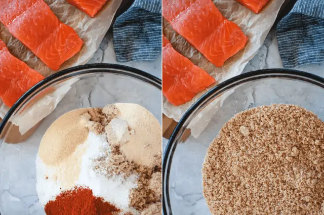 side by side images of dry brine ingredients in a bowl before mixing and after