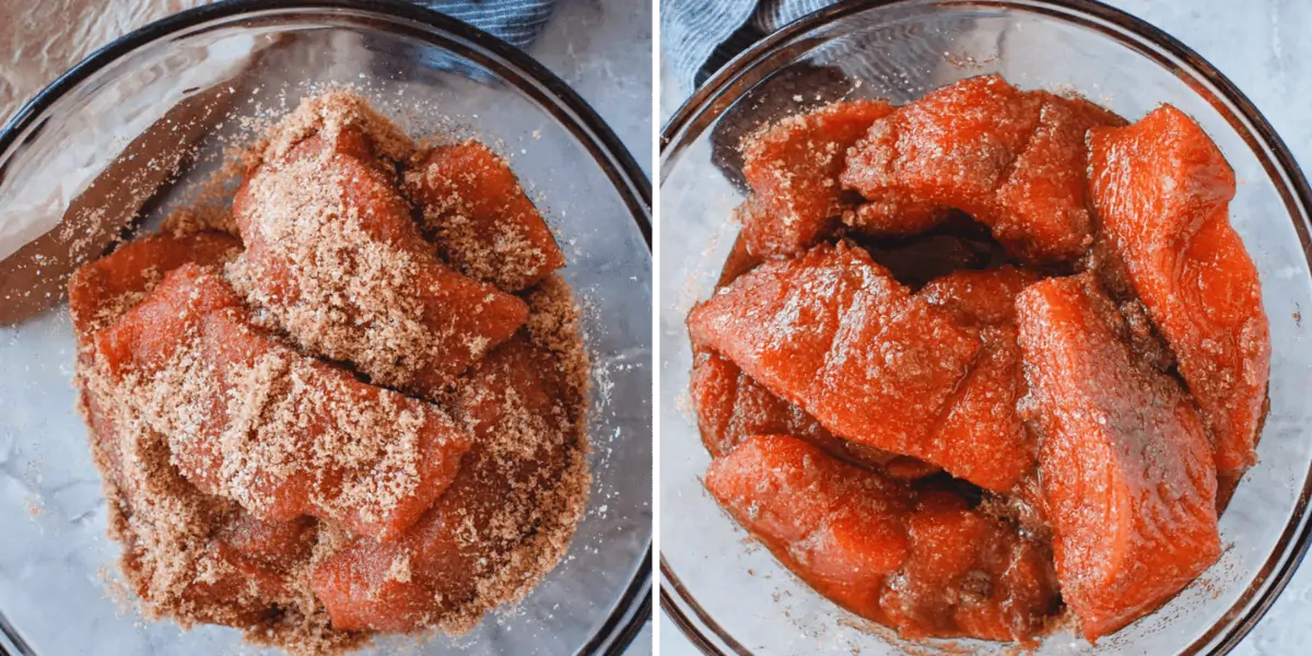 two side by side images of salmon in dry brine before and after brining