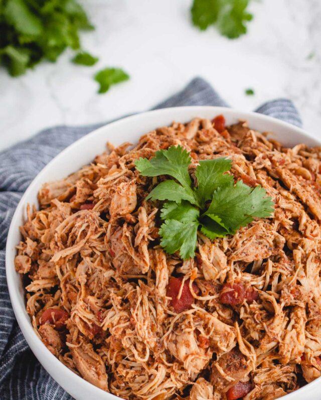 up close of shredded chicken in a bowl