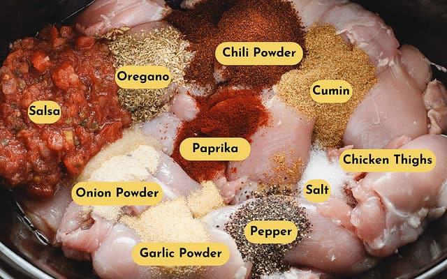 chicken and taco spice ingredients laid out and labeled in a crock pot