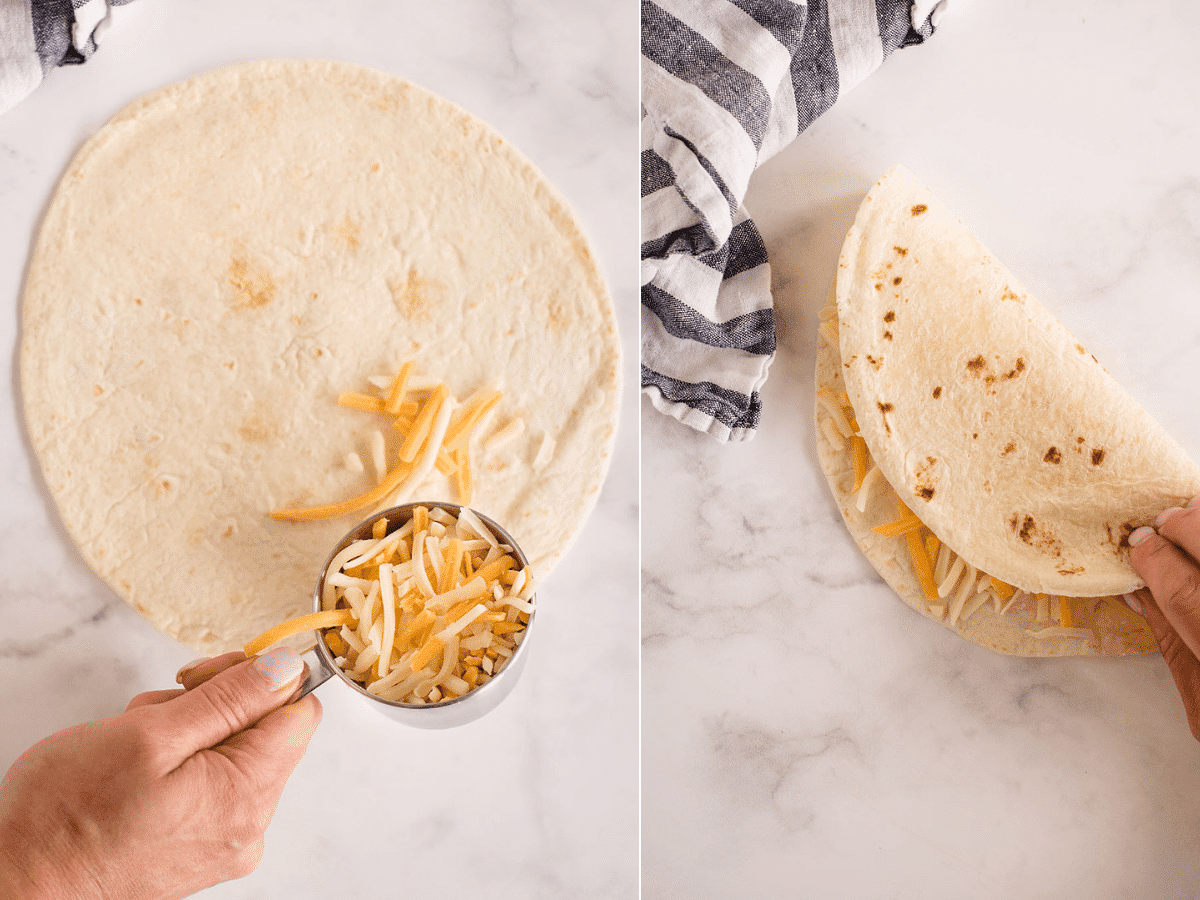 side by side images of cheese being sprinkled on a tortilla then the tortilla being folded over