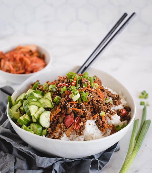 bowl of ground beef stir fry over rice