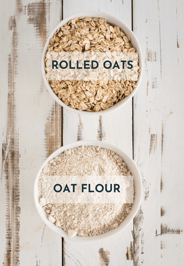 Labeled bowl of rolled oats next to bowl of oat flour