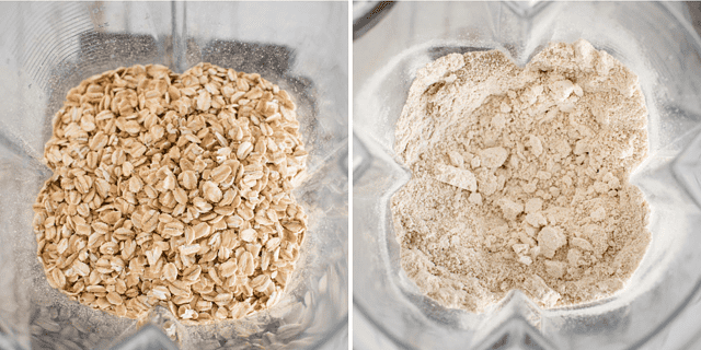 oats in a blender side by side next to oat flour