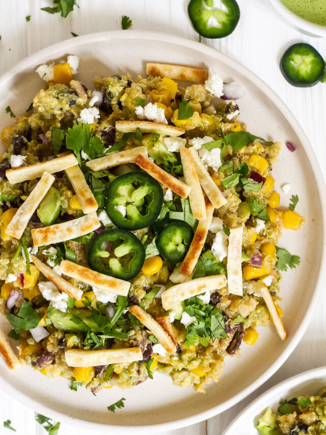 corn salad with tortilla strips on top