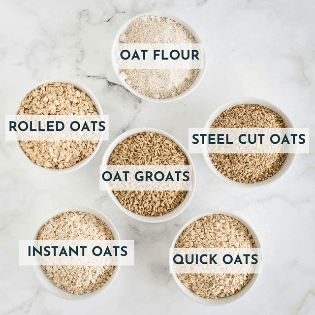 different types of oats in labeled bowls in square format