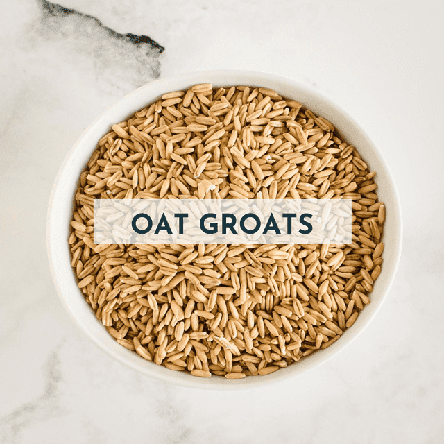 bowl of oat groats with text overlay oat type