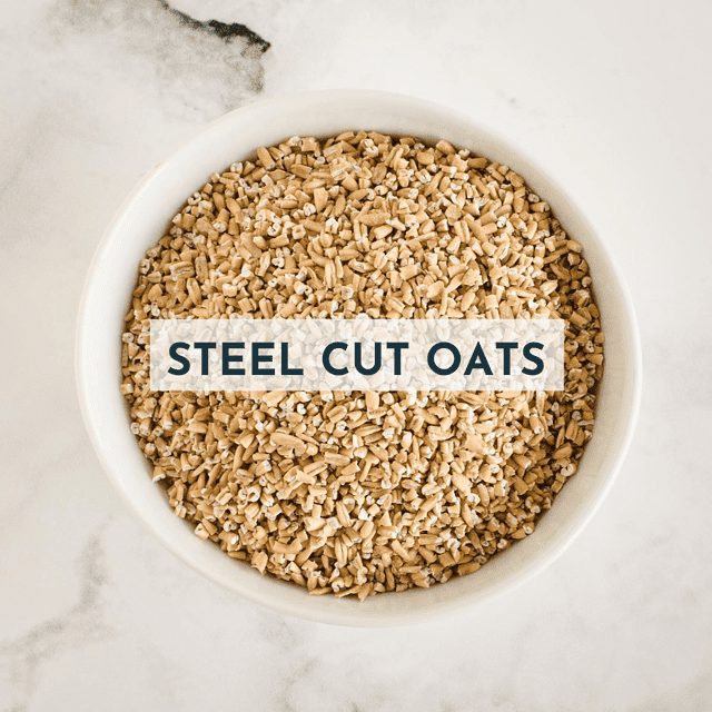 bowl of steel cut oats with text overlay oat type