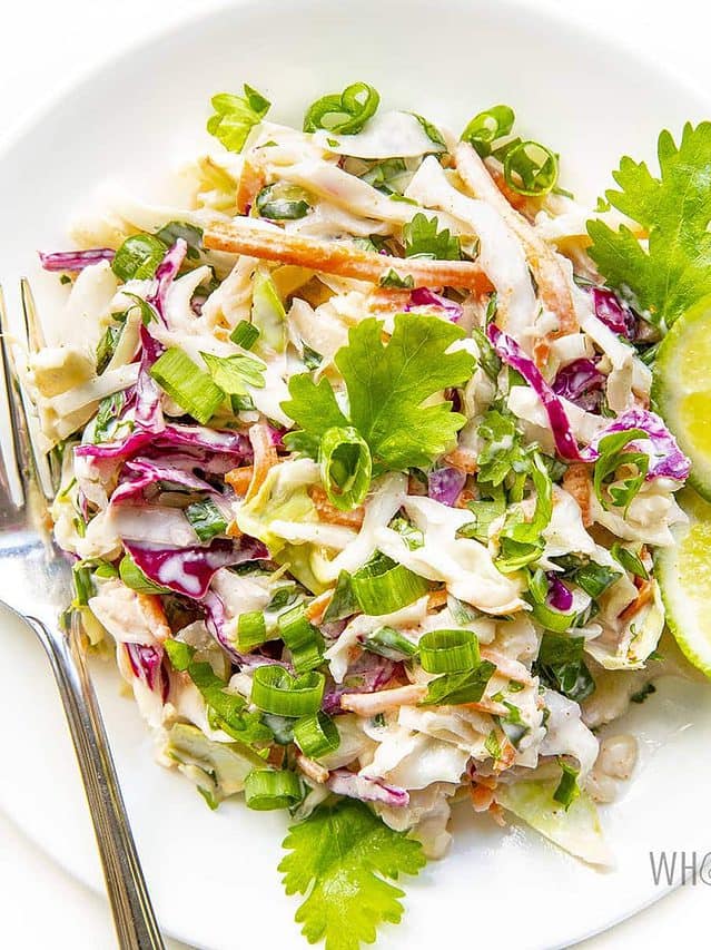 Colorful Mexican slaw on a white plate