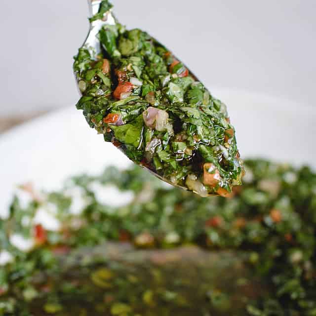spoonful of cilantro chimichurri from side angle with bowl full in background