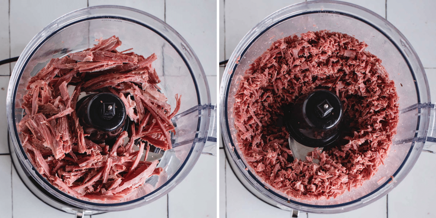 image of corned beef in a food processor before and after pulsing