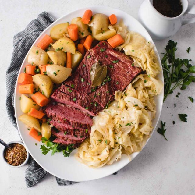 corned beef and cabbage with potatoes and carrots from overhead