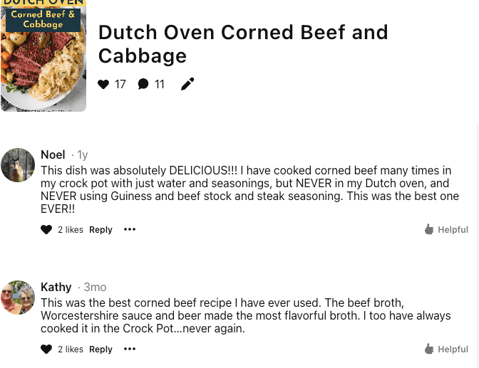 Social media post featuring a Dutch Oven Corned Beef and Cabbage recipe with positive comments praising the dishs taste and preparation using specific ingredients and methods.