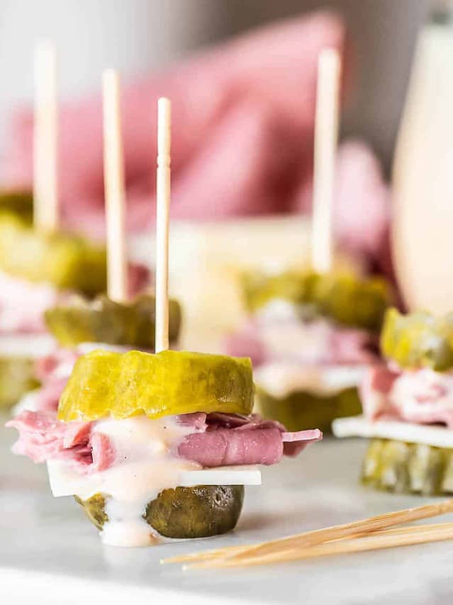 Mini toothpick pickle sandwiches