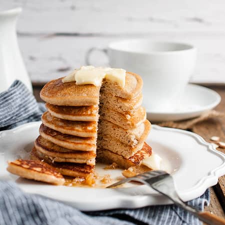 Stack of almond flour pancakes with bites taken out