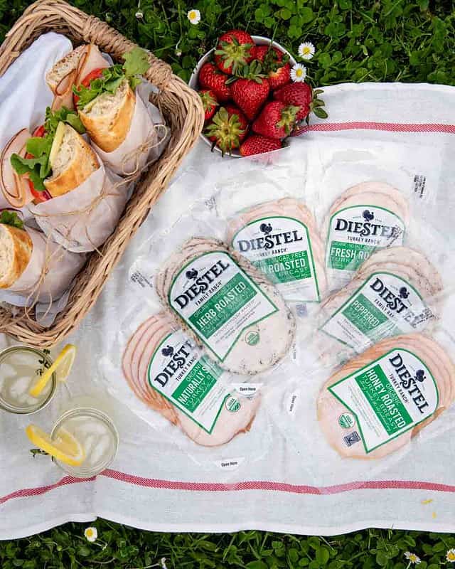 sliced turkey in packaging in a picnic setting