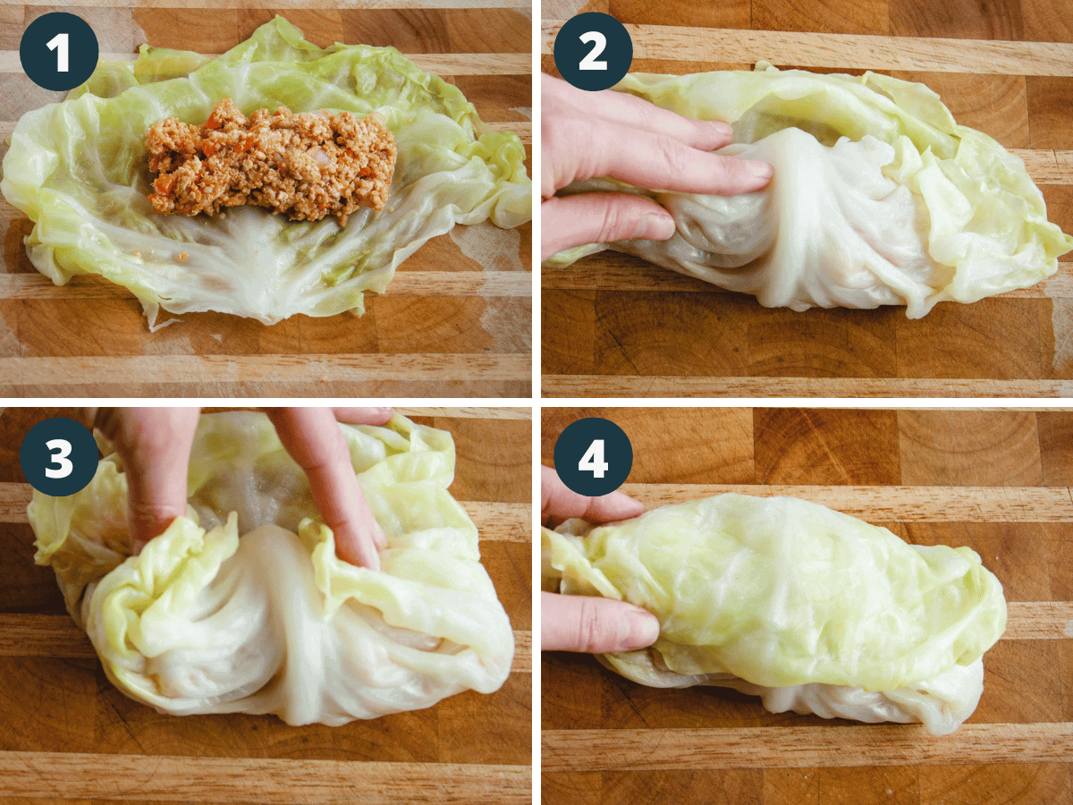 numbered four step process showing cabbage rolls being stuffed, folded and rolled up