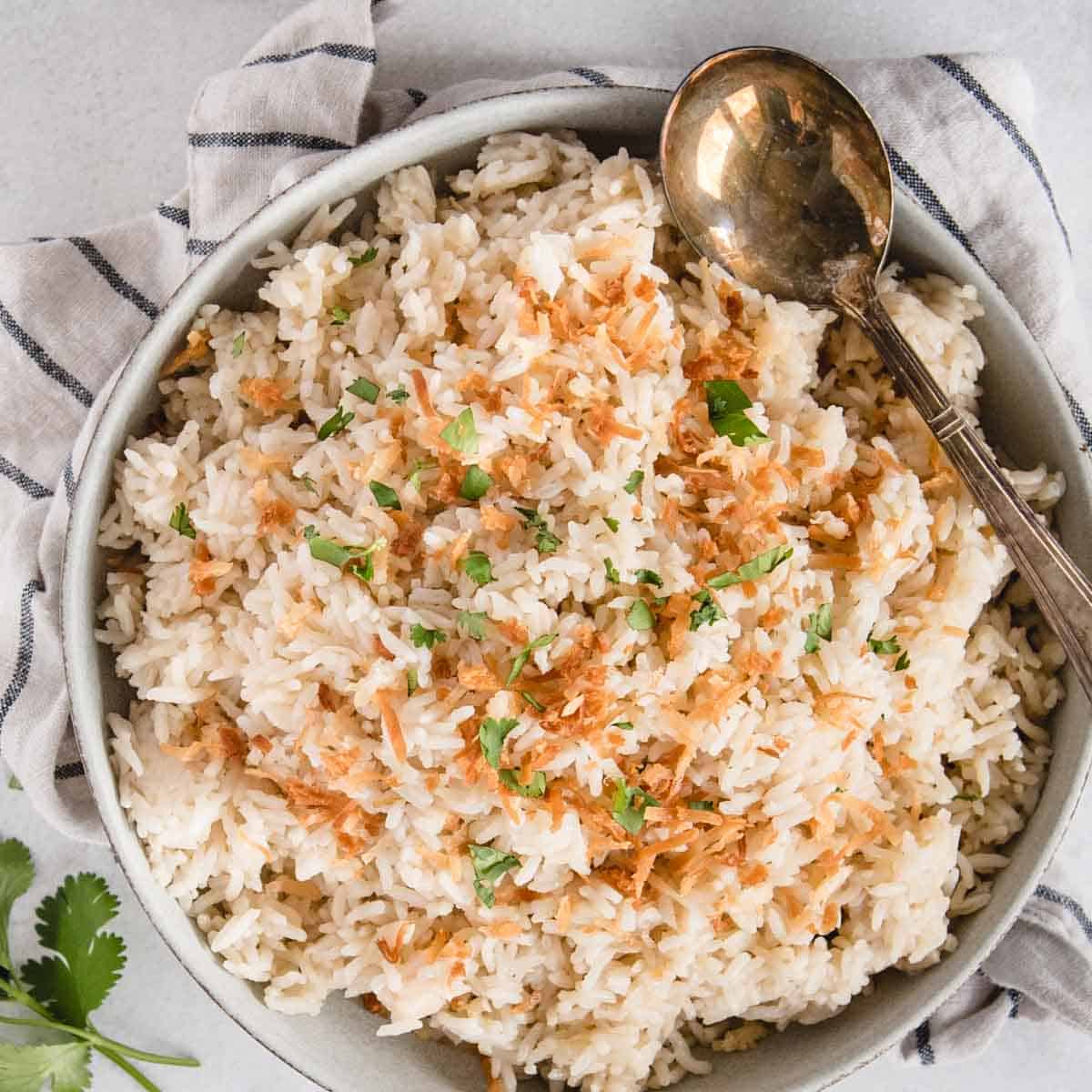instant pot coconut rice in a bowl from overhead close up