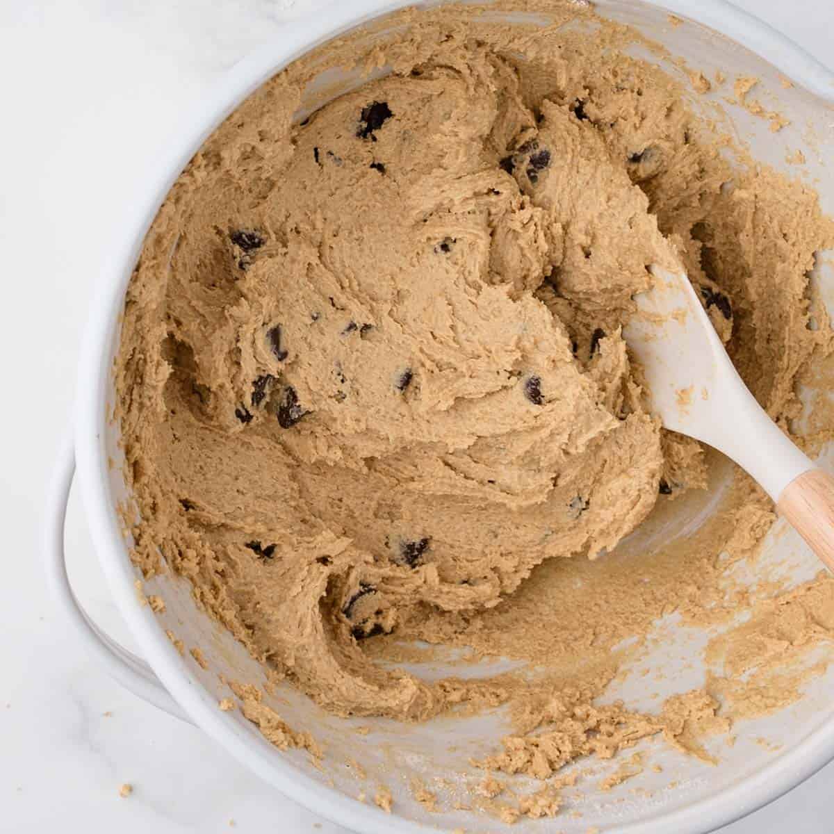 bowl of oat flour chocolate chip cookie dough from overhead