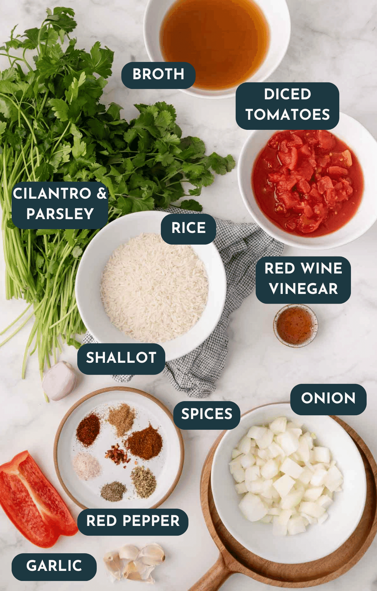 rice, herbs and other ingredients laid out and labeled with text on top