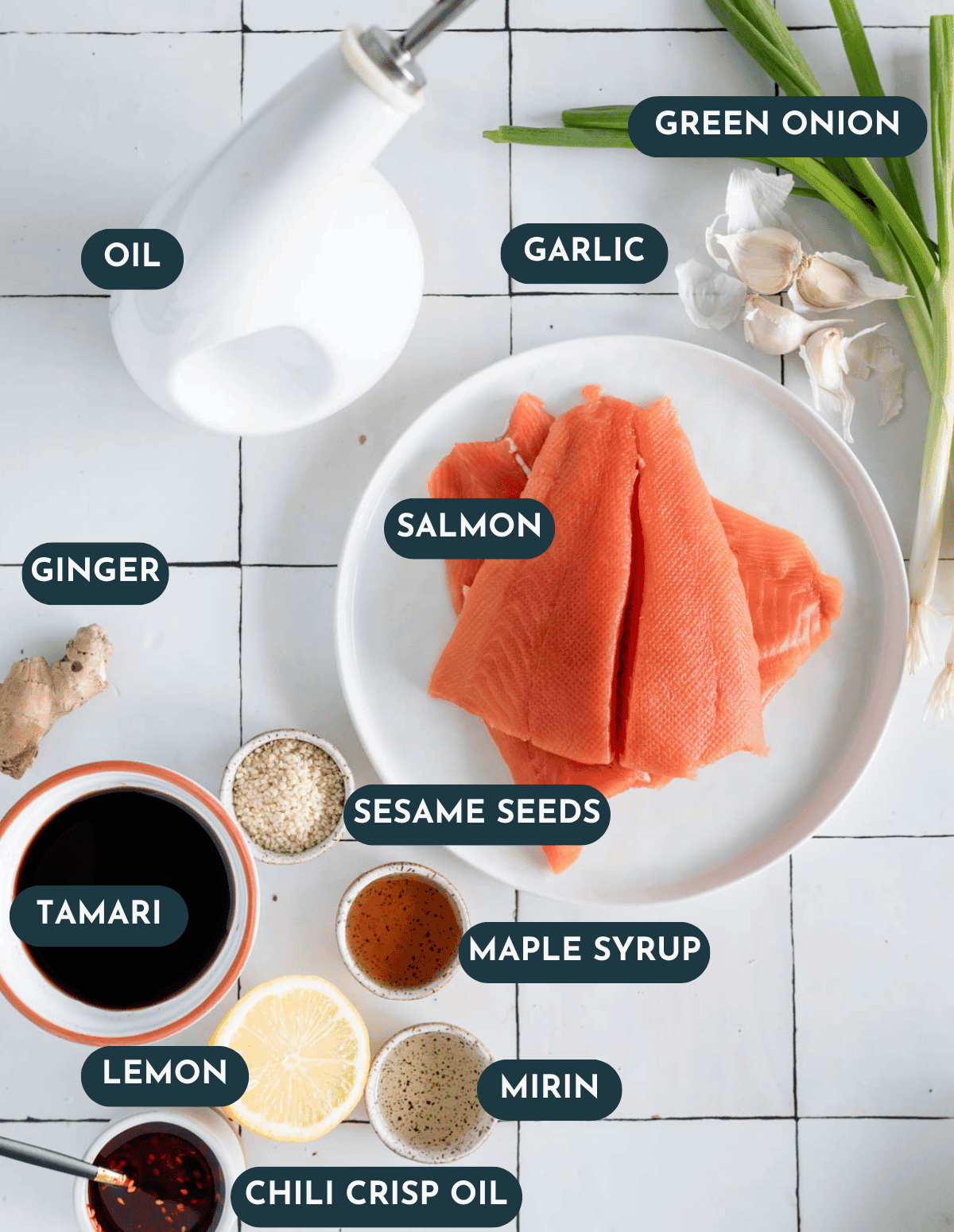 recipe ingredients laid out on a tile background with text labels on top of ingredients