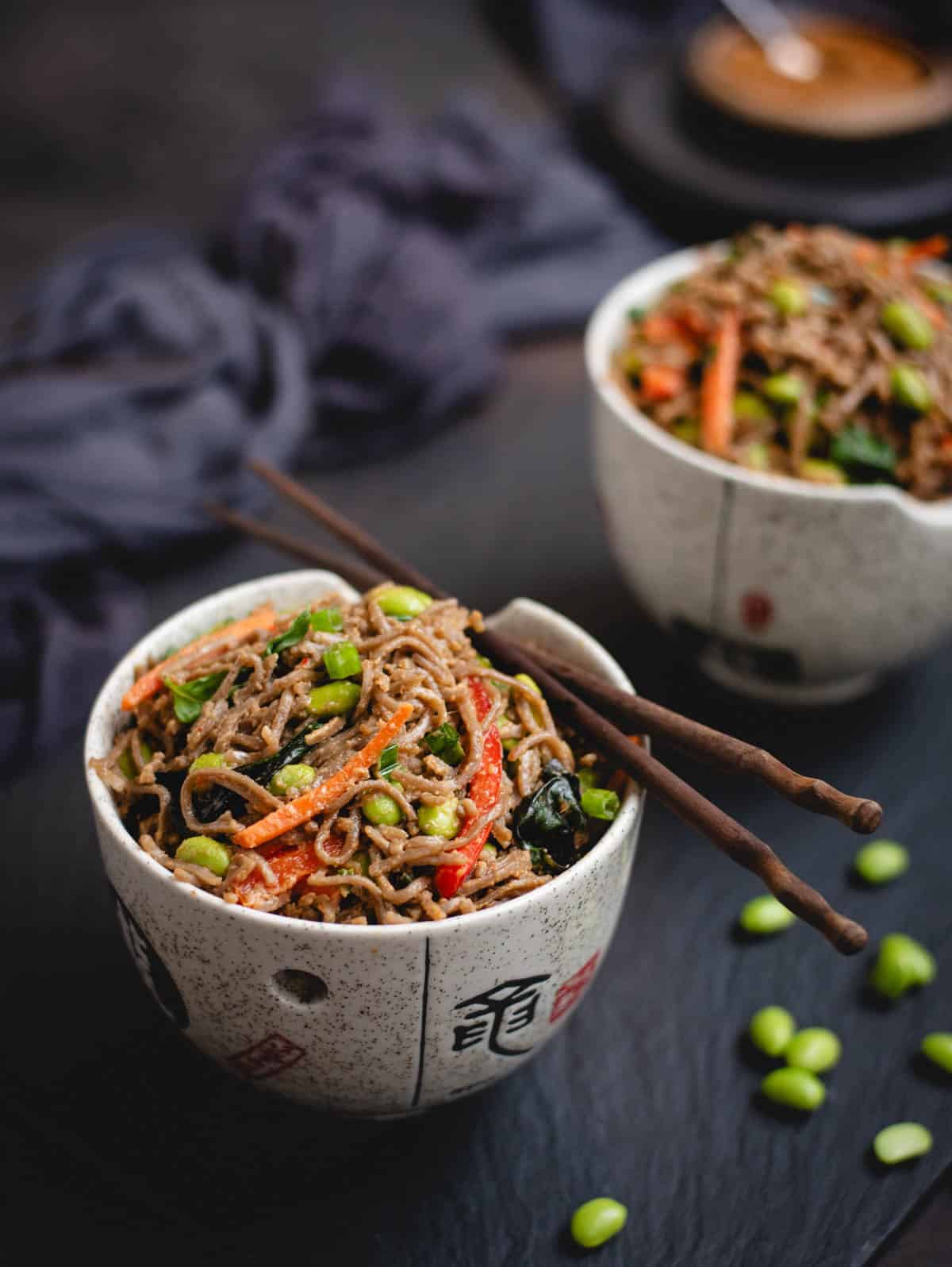 A bowl of soba noodle salad with vegetables, topped with chopsticks, with another bowl in the background.